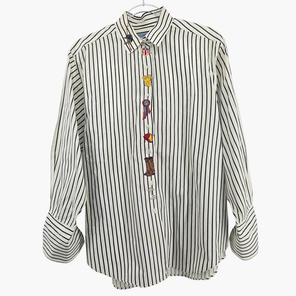 Vintage Equestrian Stripe Patch Button Down Shirt Size 10 Western Cowgirl Horses - Picture 1 of 13